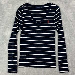 Polo‎ Ralph Lauren Womens Long Sleeve V Neck Knit Top Medium Navy Stripe Pony